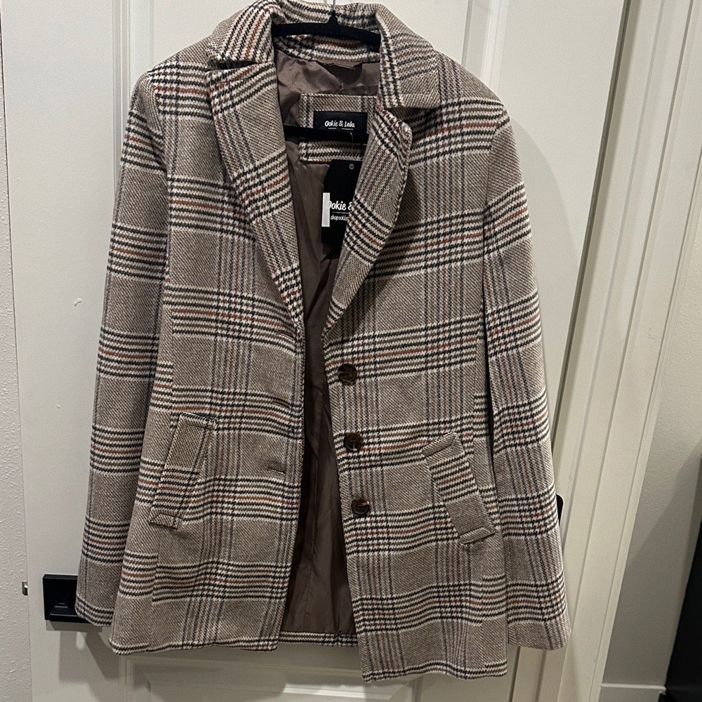 Olivia & Imelda Taupe Plaid Single-Breasted Blazer Jacket